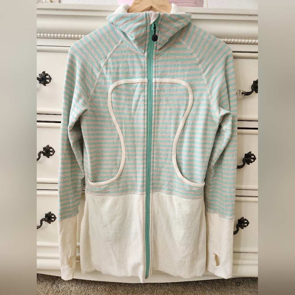 Lululemon Mint and Cream Striped Zip Front Hoodie